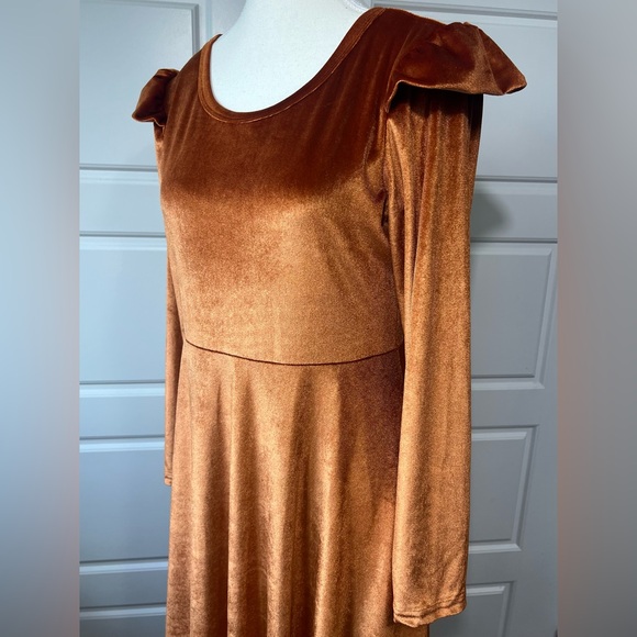 Velvet Copper Renaissance Castlecore‎ Maxi Dress Long Sleeve Ruffle Shoulder SM - Picture 2 of 7